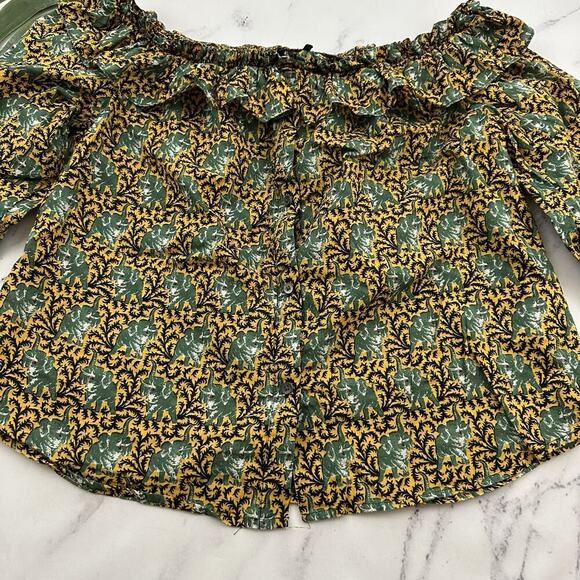 J.Crew Womens Off Shoulder Ratti Top Size M Yellow Green Elephants Ruffle Button - Picture 5 of 12